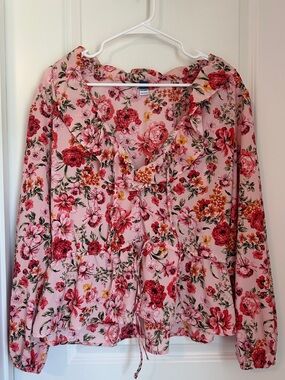 Old Navy Pink Floral Tie-Neck Ruffle Blouse
